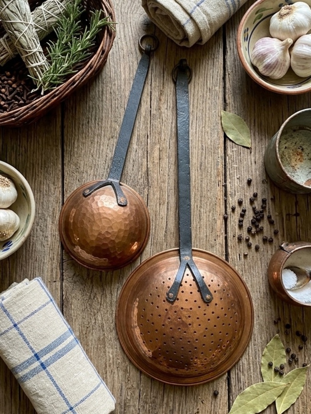 Vintage Hammered Copper Ladle & Strainer Set - Rustic French Farmhouse Decor